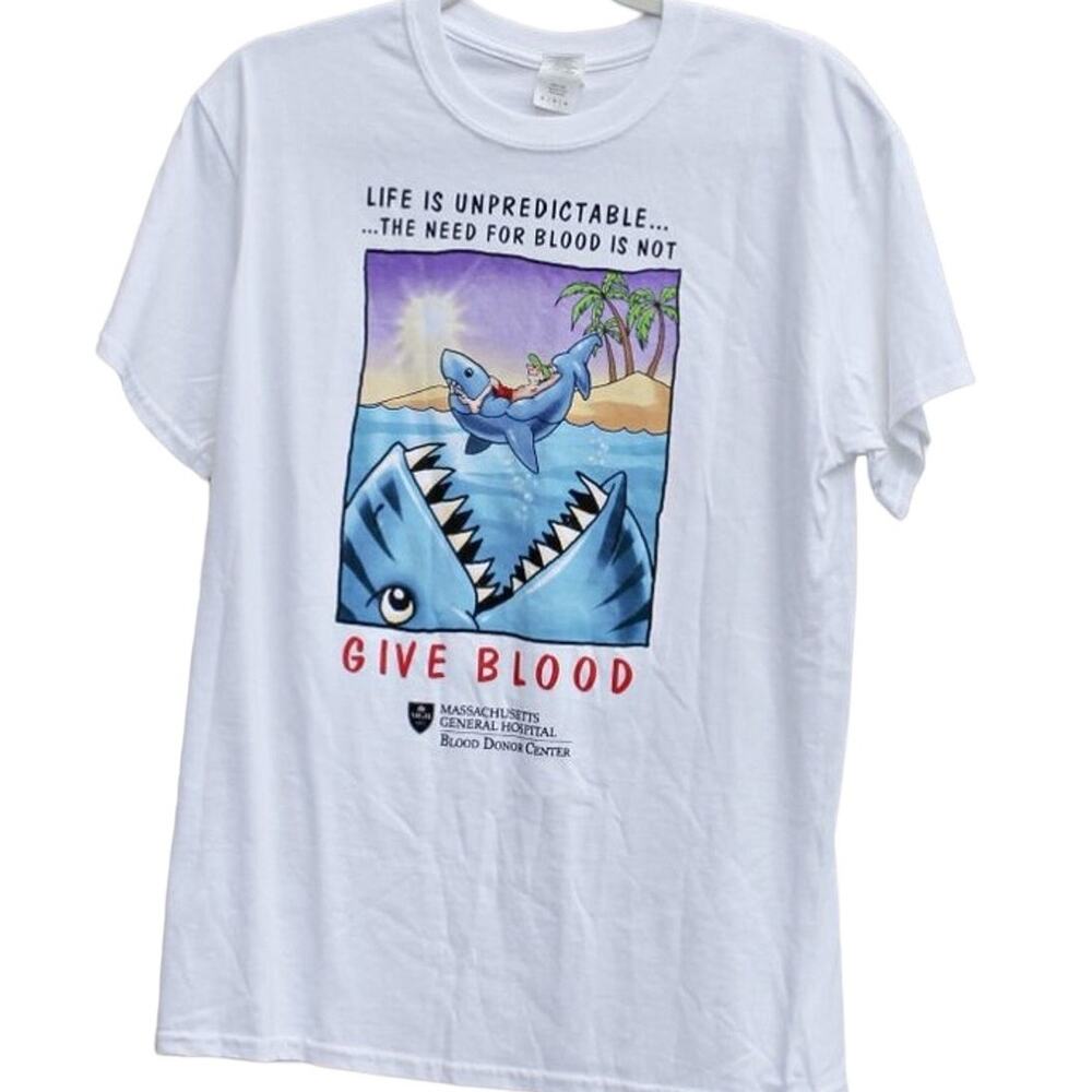 Gildan Men's Graphic T-Shirt Shark Give Blood Donation Humorous Funny Size Med